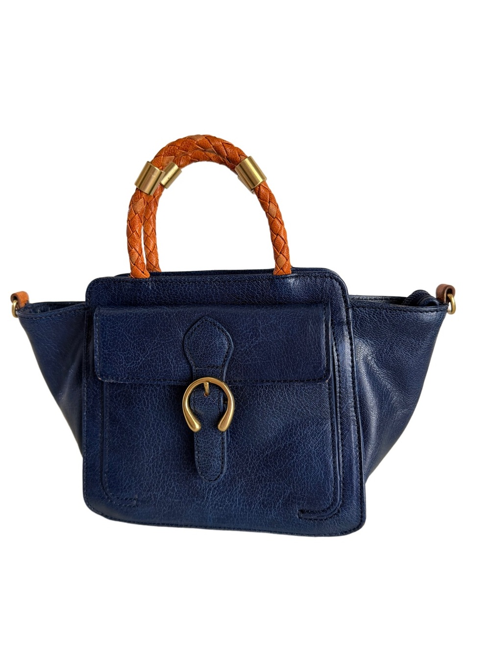 Navy Leather Top-Handle Satchel with Orange Braided Handle